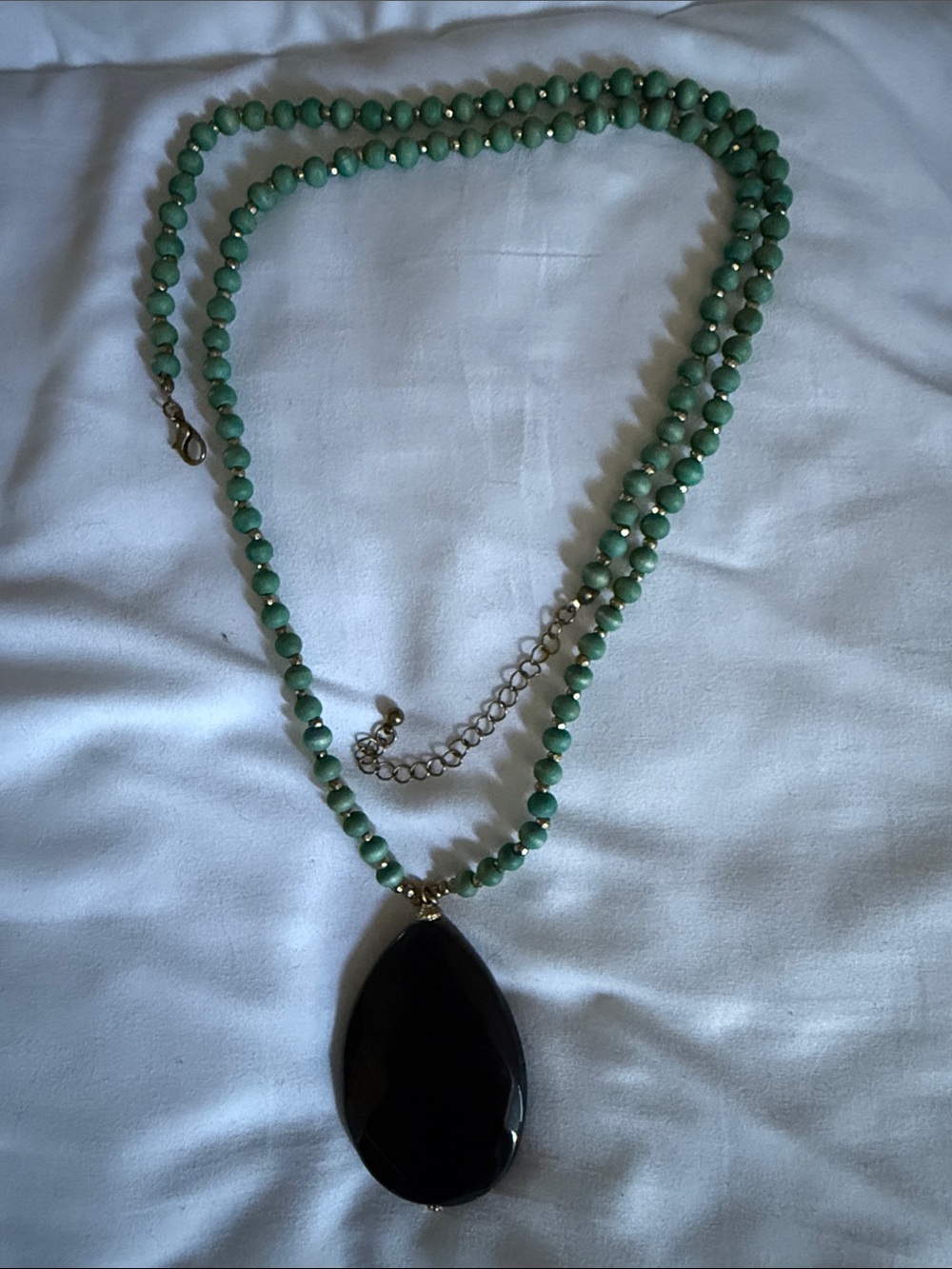 Green Beaded Necklace with Black Teardrop Pendant - Women Jewelry